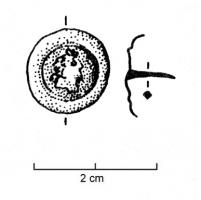 ACG-4014 - Bouton de cingulumbronzeBouton circulaire estampé, comportant une bordure lisse et un léger rebord rabattu, avec au centre un motif figuratif, souvent d'aspect monétiforme : ici, buste à droite, la tête ceinte d'un bandeau.
