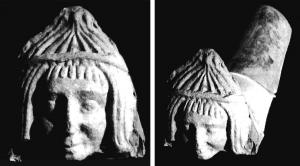 ANT-4014 - Antéfixe : Tête féminineterre cuiteAntéfixe dont la façade s'orne d'une tête féminine au cheveux remontés en pointe au sommet du crâne, retenus par un bandeau.