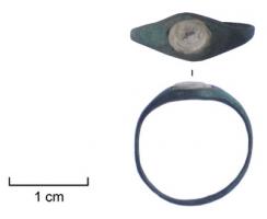 BAG-4011 - Bague à intaillebronzeBague à jonc très fin, l'anneau et le chaton se développant en continuité; le chaton ovale est surcreusé pour l'insertion d'une intaille, qui peut être une pierre semi-précieuse ou un verre.