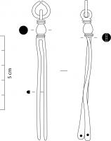 BLC-4054 - Suspension de trébuchetbronzeSuspension à extrémité moulurée en balustre, prolongée par deux lamelles plates, à extrémité arrondie et perforée.
