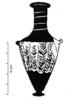 BLS-3031 - Balsamaire sur noyau : amphorisqueverreAmphorique à panse en toupie, pied étroit, décor de plumes polychromes ; carène vive, équipée de deux boutons plaqués en guise d'anse ; col étiré, orné d'un simple filet en spirale ; bord légèrement évasé à lèvre aplatie.