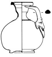 BLS-4006 - Balsamaire de type Tassinari F.1300bronzeTPQ : 1 - TAQ : 30Balsamaire à corps pirifome, col étranglé à bord évasé et lèvre épaissie ; anse dont l'attache inférieure figure une tête de bouc avec les deux cornes venant s'appuyer sous le bord du vase.