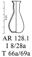 BLS-4099 - Balsamaire AR 128.1verreBalsamaire présentant une panse en forme de goutte, dont la largeur est souvent équivalente ou légèrement supérieure à celle du col. Le col plus ou moins long est marqué par une constriction, ainsi qu'une autre à la jonction entre le col et la panse. Le bord est le plus souvent arrondi au feu ; la lèvre peut être ourlée, repliée vers l'intérieur. Le fond est arrondi. 