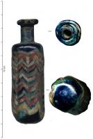 BLS-9002 - Balsamaire facetté : fauxverreBouteille à parfum de section hexagonale, en verre décoré dans la masse de chevrons polychromes anguleux; coll cylindrique étroit, lèvre aplatie.