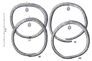 BRC-1001 - Bracelet à extrémités superposéesbronzeBracelet ouvert à extrémités superposées, plus ou moins amincies,  de forme circulaire et de section circulaire ou sub-circulaire, souvent à méplats latéraux; inorné.