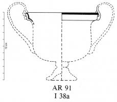 CAN-4003 - Canthare AR 91verreCanthare à anses surélevées, panse ovoïde à cylindrique, pose sun un pied conique à bulbe ; le bord forme un bandeau vertical, souligné par une carène.