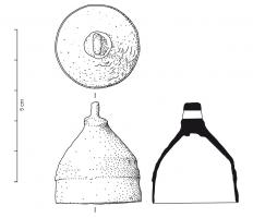 CLT-5002 - ClochettebronzeClochette au corps conique, posé sur un cylindre ; au sommet, languette perforée latéralement pour la suspension.