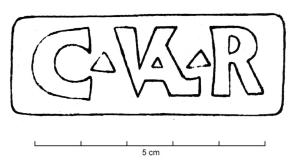 COV-4114 - Tuile estampillée C.VAL.Rterre cuiteTuile estampillée C.VAL.R, dans un cartouche rectangulaire.