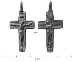 CRF-9013 - CrucifixbronzeTPQ : 1700 - TAQ : 1830Crucifix moulé en alliage cuivreux, au droit le Christ surmonté de l'inscription INRI, dessous un crâne; au revers, la Vierge avec tout autour : VIRGO IMM[aculata] VITAM PRESTA PURA.