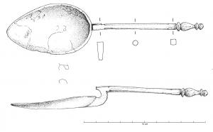 CUI-4030 - CuillerargentLigula à cuilleron ovoïde, manche décroché et de section massive, terminé par un balustre et un bouton mouluré.