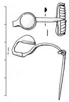 FIB-2525 - Fibule à timbale sur le pied et ressort longbronzeFibule à pied redressé en direction de l'arc et orné d'une timbale en forme de calotte de sphère; arc généralement filiforme, de section ronde ou semi-ovalaire; ressort long, en arbalète.