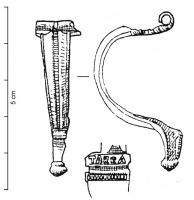 FIB-41370 - Fibule de type Aucissa : TARRASbronzeFibule d'Aucissa, à arc creusé d'une cannelure médiane, charnière repliée vers l'interieur, avec deux boutons latéraux, rapportés sur l'axe. Au dessus, une estampille parallèle à la charnière : TARRA[s].