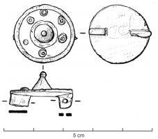 FIB-41641 - Fibule coniquebronzeFibule conique, dont le ressort disposé au revers s'articule sur une unique plaquette coulée, avec un axe en fer. Variante la plus simple, sans protubérances sur le pourtour, entièrement ornée de cercles estampés.
