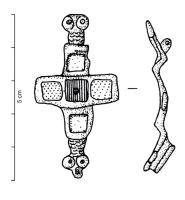FIB-41897 - Fibule symétrique émailléebronzeFibule à charnière dont l'arc est constitué d'une plaque rectangulaire transversale à trois loges émaillées. La tête et le pied sont formés par une tête de serpent stylisée.