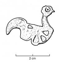 FIB-4307 - Fibule zoomorphe : coqbronzeCoq à droite, le corps creusé de loges d'émail triangulaires évoquant le plumage multicolore.