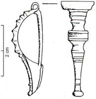 FIB-4396 - Fibule à protubérances latérales médianes F.23d2bronzeTPQ : 20 - TAQ : 70Fibule à arc constitué par une barre ou plaque transversale ; la tête et le pied de l'arc sont moulurés, le pied terminé par un bulbe.