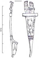 FIB-4758 - Fibule de type dérivé d'AucissabronzeFibule à arc plat, de forme triangulaire, interrompu par une ou deux barettes transversales; charnière repliée vers l'exterieur; bouton terminal dans le prolongement du pied; porte-ardillon exceptionnellement ajouré.