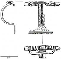 FIB-4951 - Fibule en arbalètebronzeFibule à arc plat, orné d'une ligne bouletée; la tête est repliée pour recevoir une tige servant de support à un large ressort; le pied très court, est de forme trapézoïdale à base très large ornée d'une ou plusieurs lignes parallèles excisées ; les côtés du pied suivent une ligne concave.
