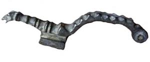 FIB-5203 - Fibule wisigothiquebronzeFibule à pied rectiligne, un peu plus long que l'arc de section quadrangulaire, a sections chanfreinées; porte-ardillon court et rectangulaire, placé au sommet du pied; pied allongé et terminé par unn protomé de belier (?); ressort en fer sur un axe passé dans la tête de l'arc.