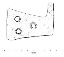 GND-4004 - Gond, partie mâleferTPQ : 1 - TAQ : 400Gond de porte, ou paumelle : partie mâle fixée sur le montant en bois, sous la forme d'un axe vertical, de section ronde, prolongé par une patte latérale de forme trapézoïdale, percée de trois trous.
