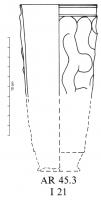 GOB-4032 - Gobelet AR 45.3verreGobelet tronconique haut, filets gravés sous la lèvre ; la panse est couverte de dépressions meulées superposées, dessinant des méandres (?) verticaux.