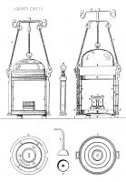 LTN-4009 - Lanterne de type IIAbronzeLanterne composée d'un cadre formé de deux pieds lisses sur toute leur hauteur, au sommet pourvu d'une bélière, sans pied à la base, et reliés à deux cerclages de bronze; celui du bas forme un fond en tôle, supporté par trois pieds globulaires rivetés; celui du haut supporte le couvercle en dôme, percé d'ajours et équipé de bélières rivetées, pour la suspension d'un fléau. Brûleur de facture massive, introduit par le haut et fixé par dessous par un rivet.