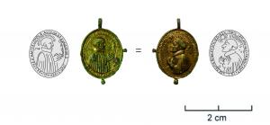 MER-9024 - Médaille religieuse : Saint Ignace de Loyola et Saint François XavierbronzeMédaille ovale soulignée par trois excroissances sphériques sur ses bordures latérales et inférieure, surmontée d'un anneau de suspension, figuration visible sur deux faces.