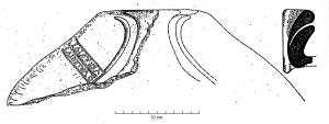 MRT-4013 - Jatte ou mortier : Q VALERIVS VERANIVSterre cuiteJatte ou mortier à lèvre épaissie et déversée ; bec verseur ; marque estampée, perpendiculaire près du bec : Q VALERIVS / VERANIVS (encadrement de points).