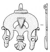 PDH-4008 - Pendant de harnais à charnièrebronzePendant de harnais coulé, massif, à suspension articulée, en forme de feuille dont les deux extrémités latérales remontent sur les côtés; pendant central en forme de palmette barrée d'une moulure transversale.