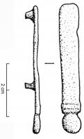 PDH-4045 - Extrémité de lanièrebronzeApplique habillant l'extrémité d'une lanière, en simple plaquette prolongée par un petit lest mouluré, et deux fixations au revers.