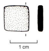 PDM-5011 - Poids quadrangulaire : H ou I B (½ nomisma)bronzeTPQ : 500 - TAQ : 700Simple plaquette épaisse, de forme carrée, entièrement lisse ou marqué sur une face des lettres incisées IB ou H, souvent en double trait.