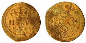 PDM-9007 - Poids monétaire : Charles IX à Louis XIV, écu au soleilbronzeA/ : grande couronne fermée, surmontée d'un petit soleil ; IID XVG (2 deniers  15 grains) ; fleur de lys en dessous. R/ : croix de 4 calices fleurdelysés ; A au centre.
