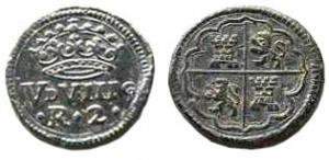 PDM-9027 - Poids monétaire : double réal (Espagne)bronzePoids circulaire  moulé : V D[eniers] VIII G[rains] : XD XVIG (10 deniers, 16 grains); R[éaux] 2 ; au revers, armes de Léon et de Castille.
