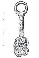 PDQ-1046 - Pendeloque spatuliformebronzeTPQ : -900 - TAQ : -750Pendeloque à corps plat, spatuliforme et relié à un anneau de suspension par une longue tige.