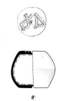 PDS-4404 - Poids sphérique (section), 4 unciae ϒΔbronzePoids en bronze coulé, en forme de sphère (ou volume plus ou moins biconique) avec deux faces horizontales; marque incrustée d'argent ϒ Δ, poids de 4 unciae (c. 108 g).