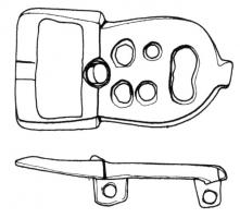 PLB-5158 - Plaque-boucle rigidebronzeTPQ : 520 - TAQ : 580Plaque-boucle non articulée, à boucle rectangulaire, encochée pour le repos d'ardillon ; la plaque est de forme oblongue à extrémité arrondie (