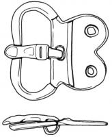 PLB-5173 - Plaque-boucle rigidebronzeTPQ : 550 - TAQ : 600Plaque-boucle non articulée, à boucle réniforme, encochée pour le repos d'ardillon ; la plaque est courte, avec à l'opposé de l'ardillon une extrémité bilobée ; deux cercles oculés encadrent les rivets permettant de fixer la boucle sur la ceinture.