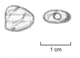 PRL-4090 - Perle cordiformeverreTPQ : 275 - TAQ : 400Perle cordiforme en verre vert, lisse; perforation verticale.