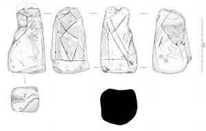 PSN-6004 - Peson pyramidal en calcairepierreTronc de pyramide plus ou moins régulier, perforé en partie supérieure. Les surfaces peuvent être décorées.
