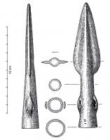 PTL-1040 - Pointe de lance à œillets sur la douillebronzePointe de lance portant deux œillets situés dans la zone médiane de la partie libre de la douille. Variante à lame foliacée de forme biconvexe ou piriforme.