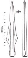 PTL-1041 - Pointe de lance à œillets sur la douillebronzeTPQ : -1500 - TAQ : -1300Pointe de lance portant deux œillets situés à proximité de l'ouverture de la douille. Ailerons très étroits renforcés par des nervures.
