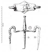 RCH-4013 - Renfort de charferRenfort central d'axe de châssis, sous la forme d'une plaque losangique percée au centre, retombant de chaque côté avec de longues pointes de fixation, et maintenue au centre par une longue fiche à tête effilée en balustre.