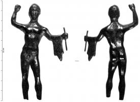 STE-3019 - Statuette : Héraklès - Hercule combattantbronzeTPQ : -300 - TAQ : -100Statuette de style archaïsant, parfois schématique, montrant Hercule, debout, nu,  le bras droit levé, armé d'une massue, la peau de lion sur le bras gauche. 