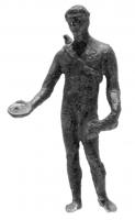 STE-4387 - Statuette : Apollon nu, avec un carquoisbronzeLe dieu est représenté debout, nu, à l'exception d'un carquois (ou d'un baudrier). Le bras droit présente une patère tandis que le gauche tient un objet indéterminé.