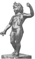 STE-4389 - Statuette : Dionysos - Bacchus enfant deboutbronzeTPQ : 1 - TAQ : 300Bacchus debout, sous la forme d'un enfant nu - à l'exception d'une peau de bête portée en  bandoulière et d'une paire de sandales -, au corps potelé, à la coiffure composée d'épaisses mèches ondulées et décorées de pampres. L'appui se fait sur la jambe gauche tandis que la droite est légèrement en retrait. Le bras gauche, levé, semble s'appuyer sur un élément disparu. Le bras droit, légèrement détaché du corps, tient un objet indéterminé.