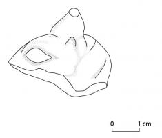 STE-4405 - Statuette : chevalterre cuiteTête de cheval fracturée longitudinalement. Oreille dressée et grand oeil en relief, en forme d'amande. Terre blanche 