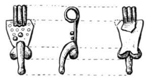 AMP-4050 - Amulette phalliqueargentTPQ : 1 - TAQ : 300Amulette représentant des parties génitales masculines au repos ; anneau de suspension au sommet.