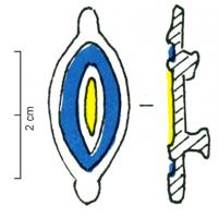 APH-4078 - Applique de harnais émailléebronzeApplique allongée en forme de mandorle avec deux boutons aux extrémités, comportant un centre (parfois avec un disque en réserve au milieu) et une couronne émaillés ; deux boutons de fixation au revers.