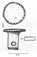 BCE-4008 - Clavette d'umbo de bouclierbronzeClavette à tête circulaire plate ou légèrement bombée, prolongée d'une tige courte percée d'un orifice circulaire d’assujettissement. 