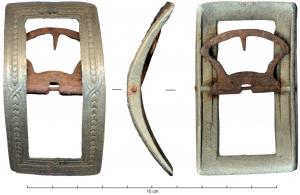 BOC-9008 - Boucle de chaussurebronzeBoucle rectangulaire en bronze (à forte proportion de plomb) avec languette et ardillon en fer ; décor entrecroisé de petites feuilles alignées, entre des lignes perlées et une moulure périphérique ; au revers, inscription BILLY.